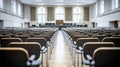 Generative AI Empty Rows of Chairs in Spacious Courtroom Indicating Judicial Setting business concept. Royalty Free Stock Photo