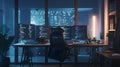 Generative AI Empty Software Developer Office Workplace with a Desk with Multiple Computer Screen with Programming
