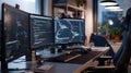 Generative AI Empty Software Developer Office Workplace with a Desk with Multiple Computer Screen with Programming