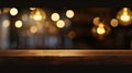 Generative AI empty table on dark background with blurred lamps cafe restaurant bokeh for your product or customiz Royalty Free Stock Photo