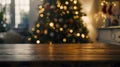 Generative AI Empty table in front of christmas tree with decoration background business concept. Royalty Free Stock Photo
