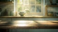 Generative AI Empty textured wooden table and kitchen window shelves blurred background business concept. Royalty Free Stock Photo