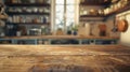 Generative AI Empty textured wooden table and kitchen window shelves blurred background business concept. Royalty Free Stock Photo