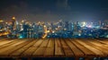 Generative AI Empty top wood table and blur city night background Product display montage Concept business concept Royalty Free Stock Photo