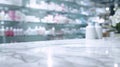 Generative AI Empty white marble counter top with blur pharmacy drugstore shelves background business concept. Royalty Free Stock Photo