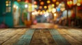 Generative AI Empty wood table on blur night market background business concept. Royalty Free Stock Photo