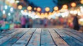 Generative AI Empty wood table on blur night market background business concept. Royalty Free Stock Photo