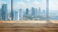 Generative AI Empty wood table with blur room office and window city view backgroundFor montage product display or Royalty Free Stock Photo