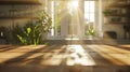 Generative AI empty wood table with blurred modern interior kitchen window with sunny mood business concept. Royalty Free Stock Photo