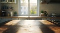 Generative AI empty wood table with blurred modern interior kitchen window with sunny mood business concept. Royalty Free Stock Photo