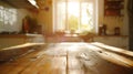 Generative AI empty wood table with blurred modern interior kitchen window with sunny mood business concept. Royalty Free Stock Photo