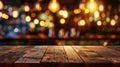 Generative AI Empty wood table top of bar with blur of cafe restaurant in dark night backgroundselective focus For Royalty Free Stock Photo
