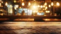 Generative AI Empty wood table top of bar with blur of cafe restaurant in dark night backgroundselective focus For Royalty Free Stock Photo