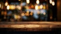 Generative AI Empty wood table top of bar with blur of cafe restaurant in dark night backgroundselective focus For Royalty Free Stock Photo