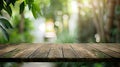 Generative AI Empty wood table top on blur abstract green from garden and house background For montage product dis Royalty Free Stock Photo