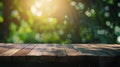 Generative AI Empty wood table top on blur abstract green from garden and house background For montage product dis Royalty Free Stock Photo