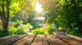 Generative AI Empty wood table top on blur abstract green from garden and house in morning backgroundFor montage p Royalty Free Stock Photo