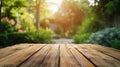 Generative AI Empty wood table top on blur abstract green from garden and house in morning backgroundFor montage p Royalty Free Stock Photo