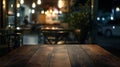 Generative AI Empty wood table top and blur of cafe restaurant in dark night background business concept. Royalty Free Stock Photo