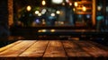Generative AI Empty wood table top and blur of cafe restaurant in dark night background business concept. Royalty Free Stock Photo