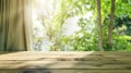 Generative AI Empty of wood table top on blur of curtain with window view green from tree garden backgroundFor mon Royalty Free Stock Photo