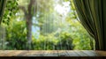 Generative AI Empty of wood table top on blur of curtain with window view green from tree garden backgroundFor mon Royalty Free Stock Photo