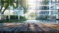 Generative AI Empty wood table top and blur glass window wall building banner mock up abstract background  can use Royalty Free Stock Photo