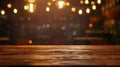 Generative AI Empty wood table top on blur light bokeh in dark night cafe restaurant background Lifestyle and cele Royalty Free Stock Photo