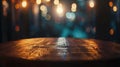 Generative AI Empty wood table top on blur light bokeh in dark night cafe restaurant background Lifestyle and cele Royalty Free Stock Photo
