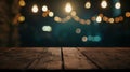 Generative AI Empty wood table top on blur light bokeh in dark night cafe restaurant background Lifestyle and cele Royalty Free Stock Photo