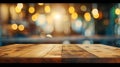 Generative AI Empty wood table top on blur light gold bokeh of cafe restaurant business concept. Royalty Free Stock Photo