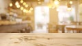 Generative AI Empty wood table top on blur light gold bokeh of cafe restaurant business concept. Royalty Free Stock Photo