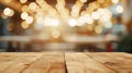 Generative AI Empty wood table top on blur light gold bokeh of cafe restaurant business concept. Royalty Free Stock Photo