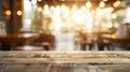 Generative AI Empty wood table top on blur light gold bokeh of cafe restaurant business concept. Royalty Free Stock Photo