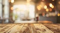 Generative AI Empty wood table top on blur light gold bokeh of cafe restaurant business concept. Royalty Free Stock Photo