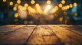 Generative AI Empty wood table top on blur light gold bokeh of cafe restaurant business concept. Royalty Free Stock Photo