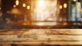 Generative AI Empty wood table top on blur light gold bokeh of cafe restaurant business concept. Royalty Free Stock Photo