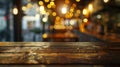 Generative AI Empty wood table top on blur light gold bokeh of cafe restaurant Royalty Free Stock Photo