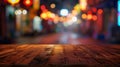 Generative AI Empty wood table top and blur of night market backgroundselective focus For montage product display Royalty Free Stock Photo