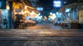 Generative AI Empty wood table top and blur of night market backgroundselective focus For montage product display Royalty Free Stock Photo