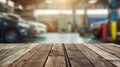 Generative AI Empty wood table top with car service centre auto repair workshop blurred background business concep Royalty Free Stock Photo