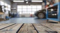 Generative AI Empty wood table top with car service centre auto repair workshop blurred background business concep Royalty Free Stock Photo