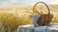 Generative AI Empty wooden basket on table with tablecloth over wheat field background Jewish holiday Shavuot moc