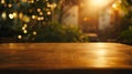 Generative AI empty wooden brown table on blurred light gold bokeh cafe restaurant bar place for your products on Royalty Free Stock Photo