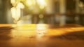 Generative AI empty wooden brown table on blurred light gold bokeh cafe restaurant bar place for your products on Royalty Free Stock Photo