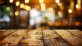 Generative AI empty wooden brown table on blurred light gold bokeh cafe restaurant bar place for your products on Royalty Free Stock Photo