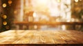 Generative AI empty wooden brown table on blurred light gold bokeh cafe restaurant bar place for your products on Royalty Free Stock Photo