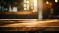 Generative AI empty wooden table on blurred light gold bokeh of cafe restaurant on dark background place for your Royalty Free Stock Photo