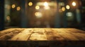 Generative AI empty wooden table on blurred light gold bokeh of cafe restaurant on dark background place for your Royalty Free Stock Photo