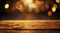Generative AI empty wooden table on blurred light gold bokeh of cafe restaurant on dark background place for your Royalty Free Stock Photo